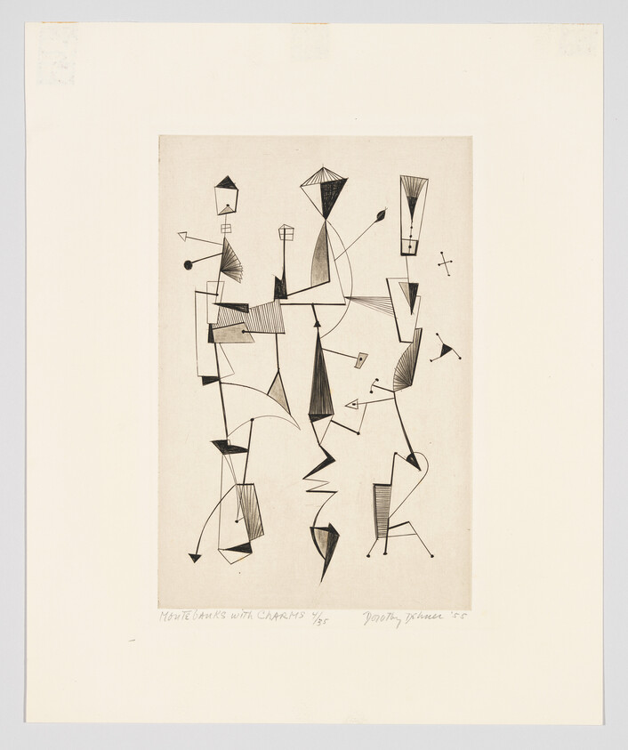 A black and white abstract print featuring a composition of geometric shapes and lines that suggest a dynamic, almost musical rhythm. Some shapes resemble characters or figures interacting with each other. The artwork is signed and titled at the bottom, indicating it is a limited edition.