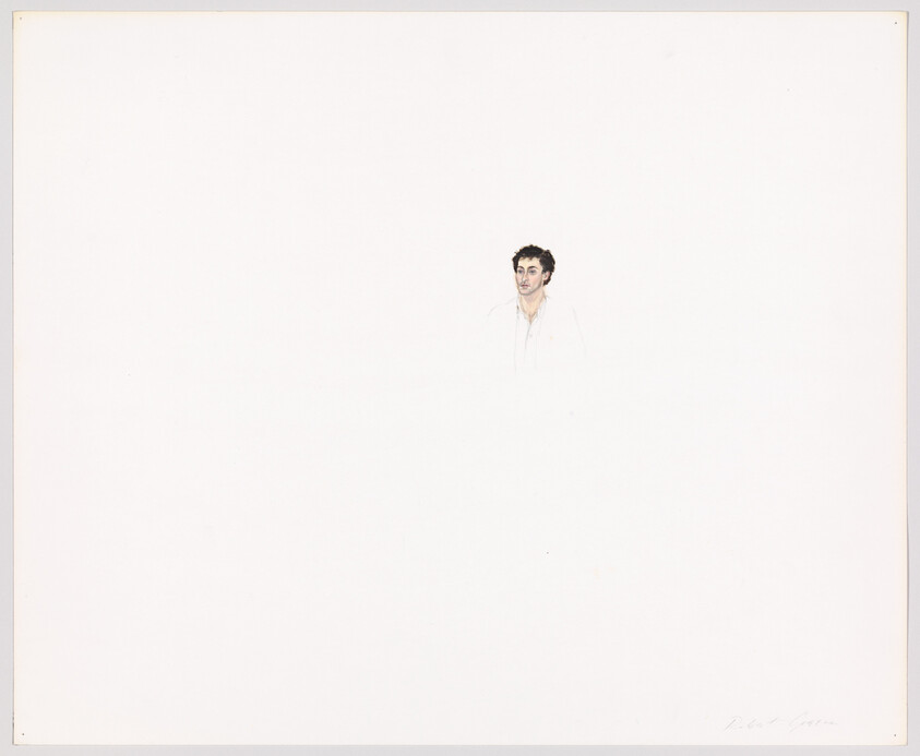 A small watercolor portrait of a young man against a large blank white background.