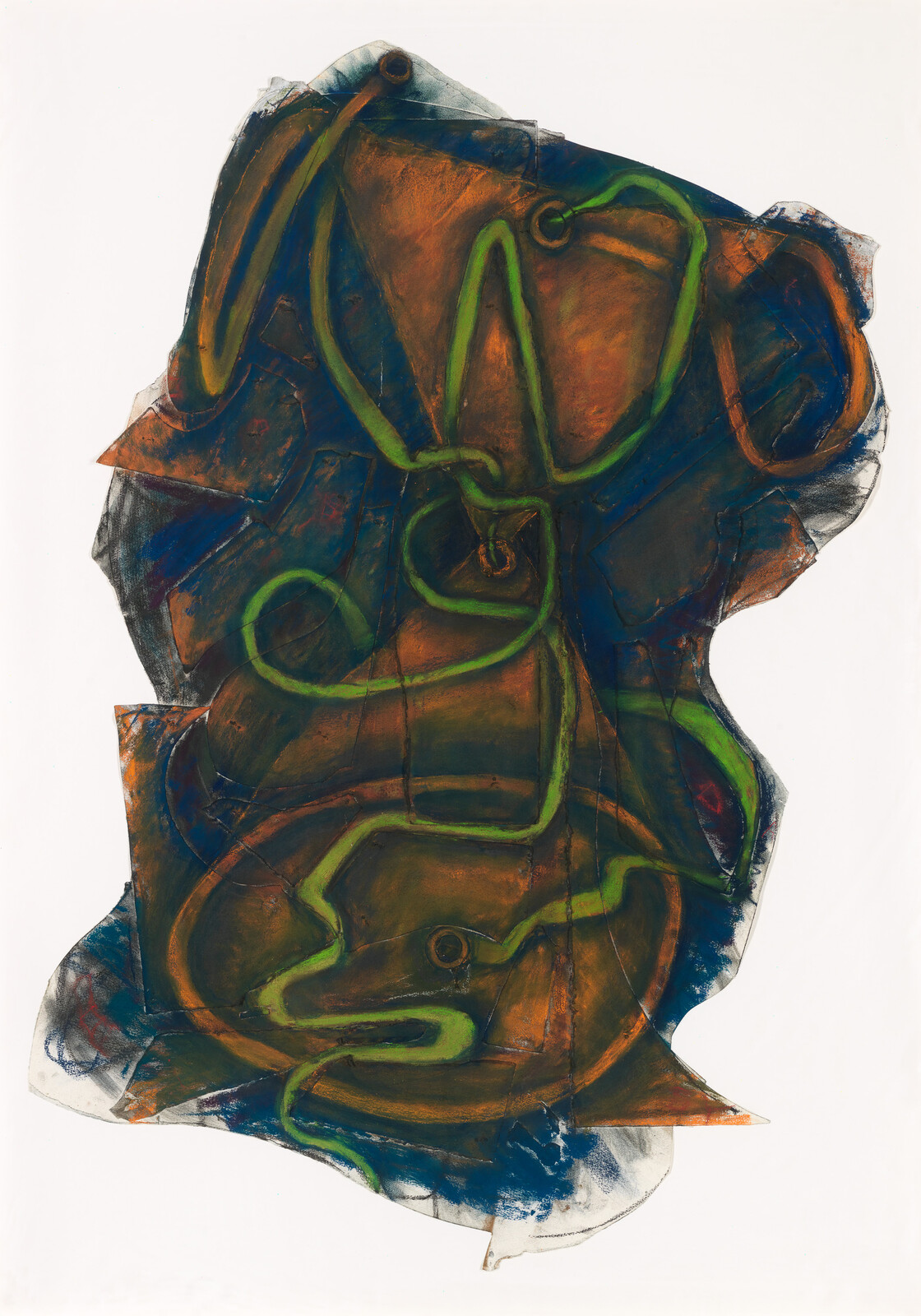 Abstract expressionist artwork featuring a complex array of intertwining lines and shapes in earthy tones of orange, brown, and green, with hints of blue and red, on a white background. The composition has a fluid, organic quality, with some areas appearing translucent, suggesting layers and depth.