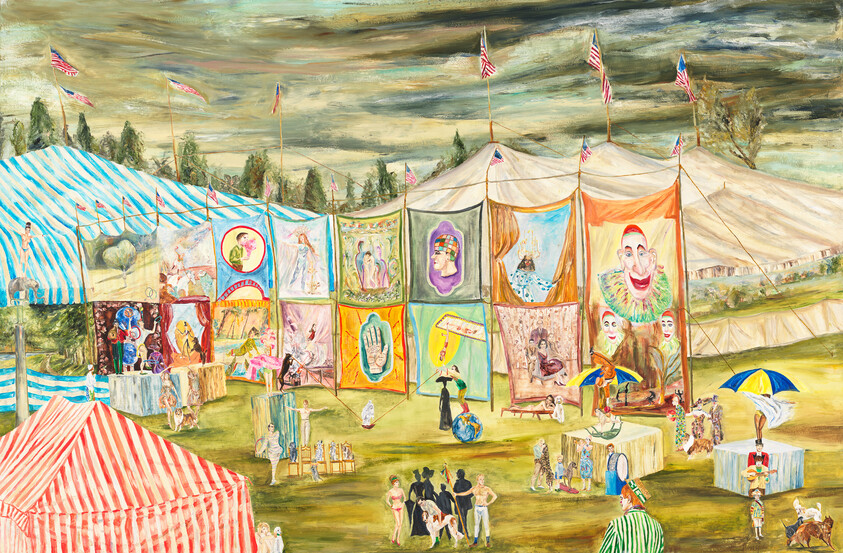 Large colorful circus tents and painted banners at an outdoor carnival with people walking around.