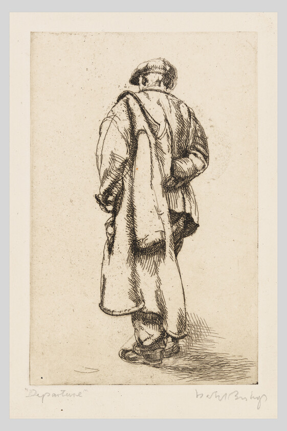Etching of a person in vintage clothing viewed from behind, titled "Departure."