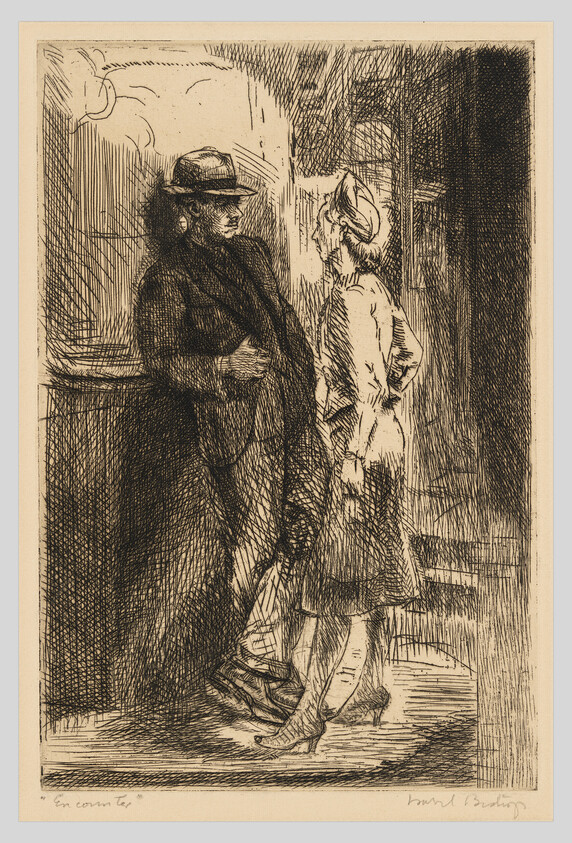 Etching of two figures in 19th-century attire, a man in a hat facing a woman with a feathered hat, in a doorway.