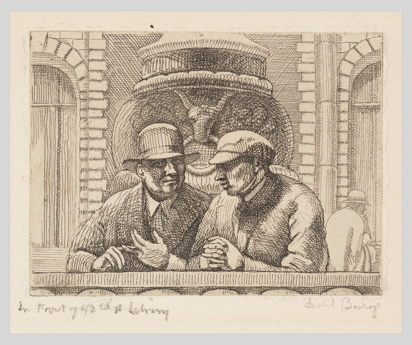 Two men lean on a railing and talk in front of a stone fountain under arched windows.