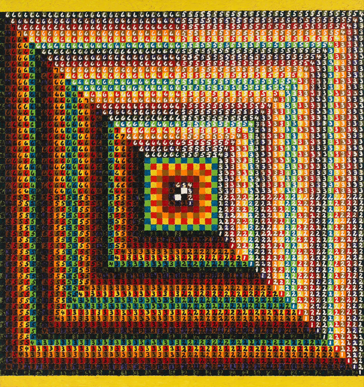 Colored squares each marked with small numbers create a concentric spiral squares pattern.