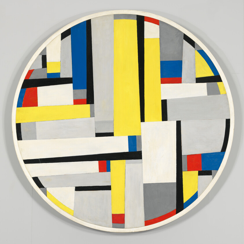 Circular abstract painting with intersecting yellow, black, gray, white, red, and blue rectangular bands.