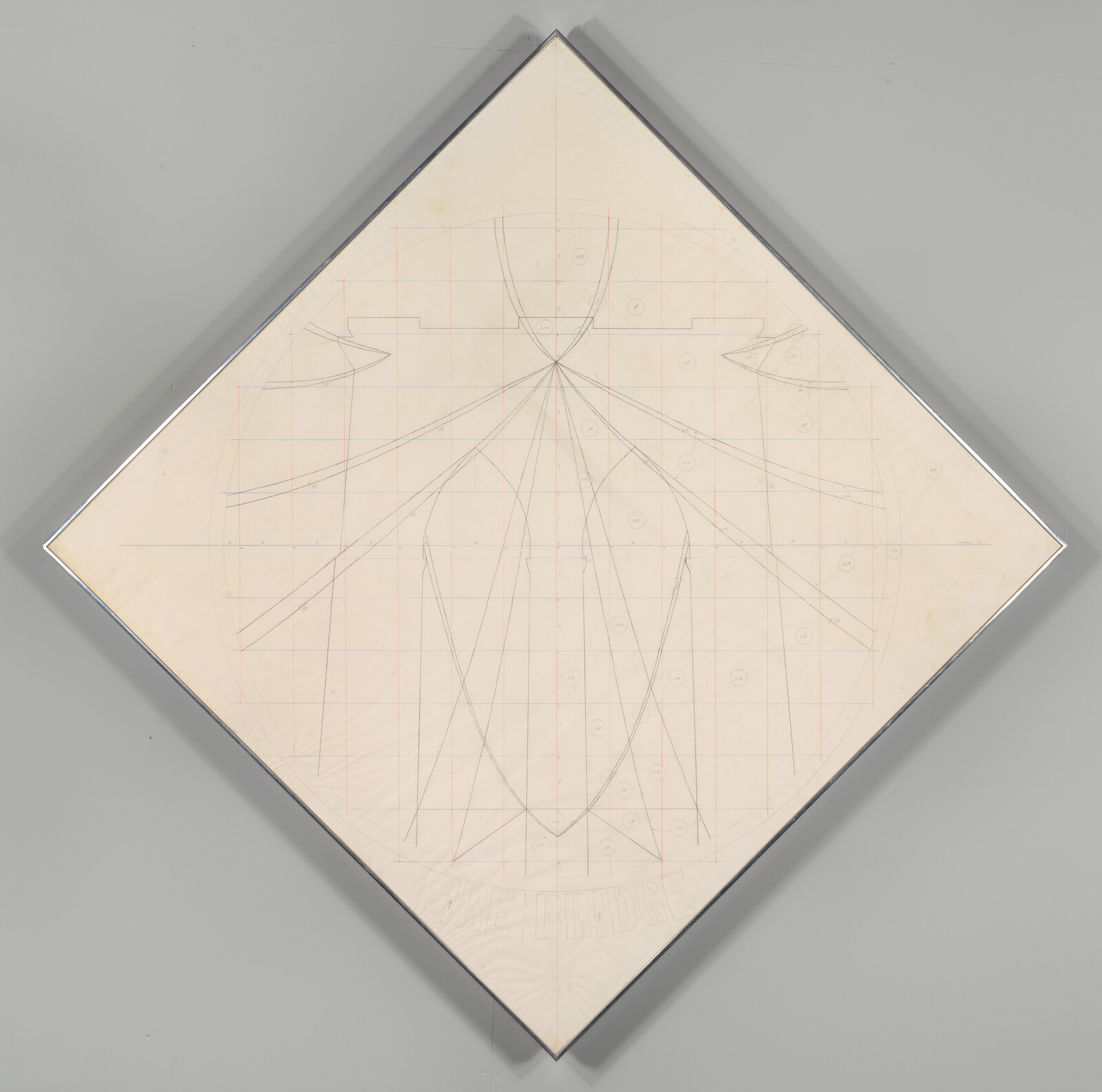 A diamond-framed sheet with faint geometric pencil grid and symmetrical curved construction lines.