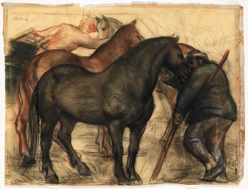 A stable worker tends two horses while leaning on a long stick.