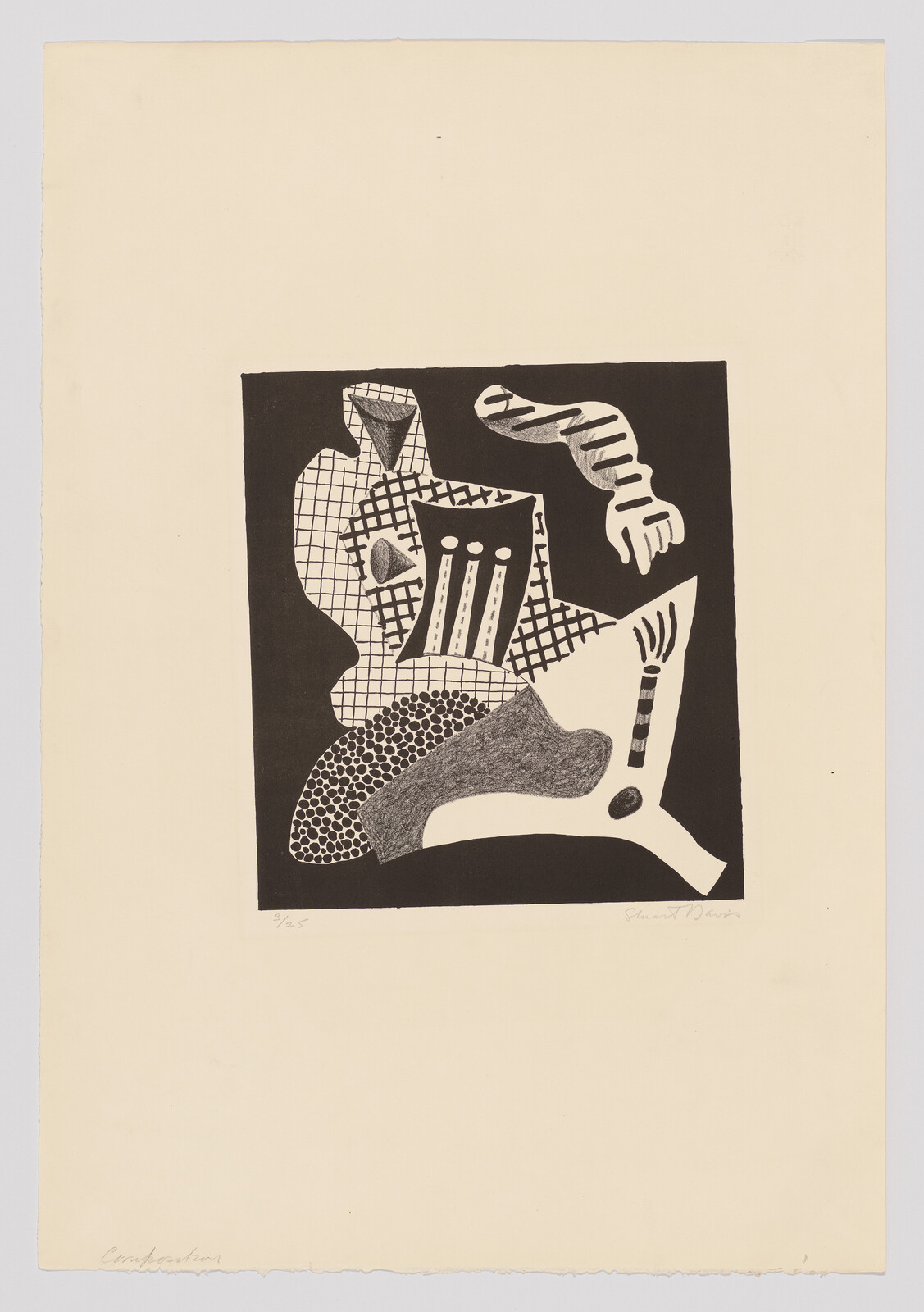 Abstract black-and-white composition of overlapping patterned shapes and a hand-like form centered on cream paper.