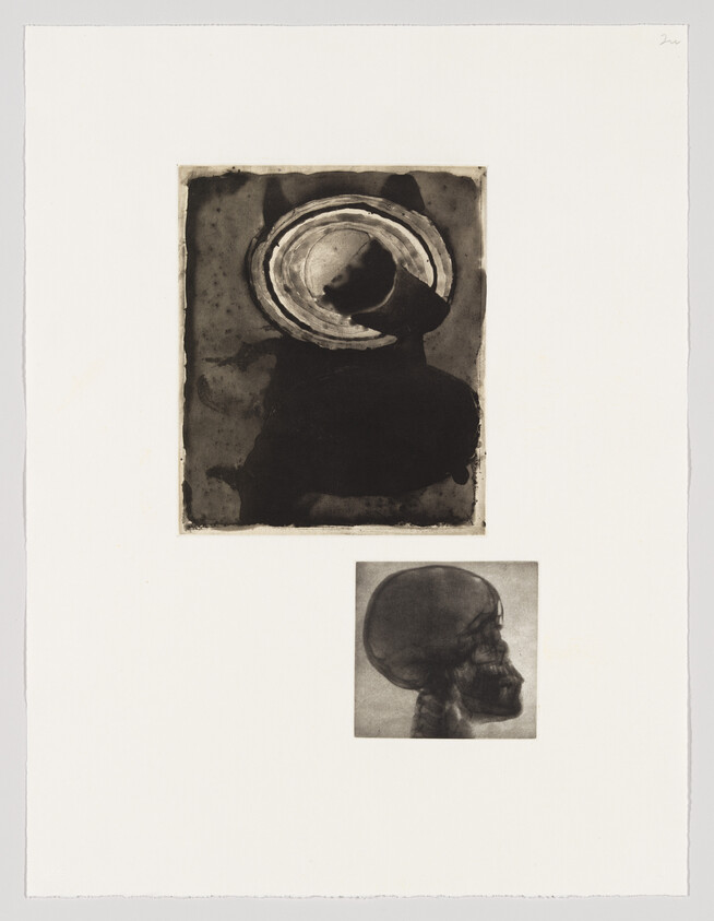 A piece of artwork featuring two distinct images on a white background. The larger image at the top is abstract, with a dark circular form that appears to be swirling against a mottled backdrop. Below it, a smaller, more detailed image shows a side profile of a human skull with an exaggerated cranial vault, reminiscent of a medical illustration or an X-ray image. The overall composition is stark and evocative, with a signature in the top right corner.
