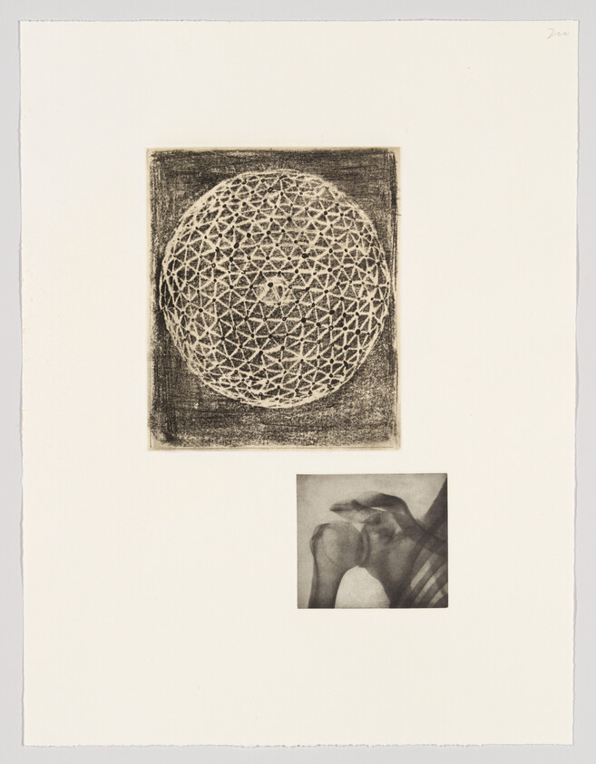 A print featuring two separate images on a white background: the larger top image shows a textured sphere with a complex pattern of interlocking lines, resembling a network or mesh, set against a dark, rough background. Below it, a smaller image depicts a pair of hands gently holding a transparent, empty glass jar. Both images have a grainy, monochromatic appearance, suggesting an etching or lithograph technique.