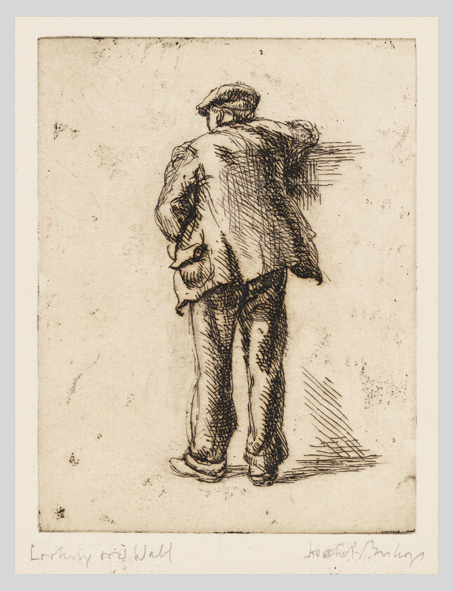 A man wearing a cap and jacket stands with his back turned, leaning on a low wall.