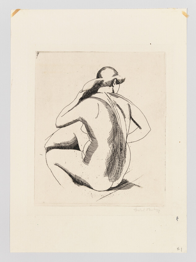 A seated nude woman seen from behind with one hand resting on her head.