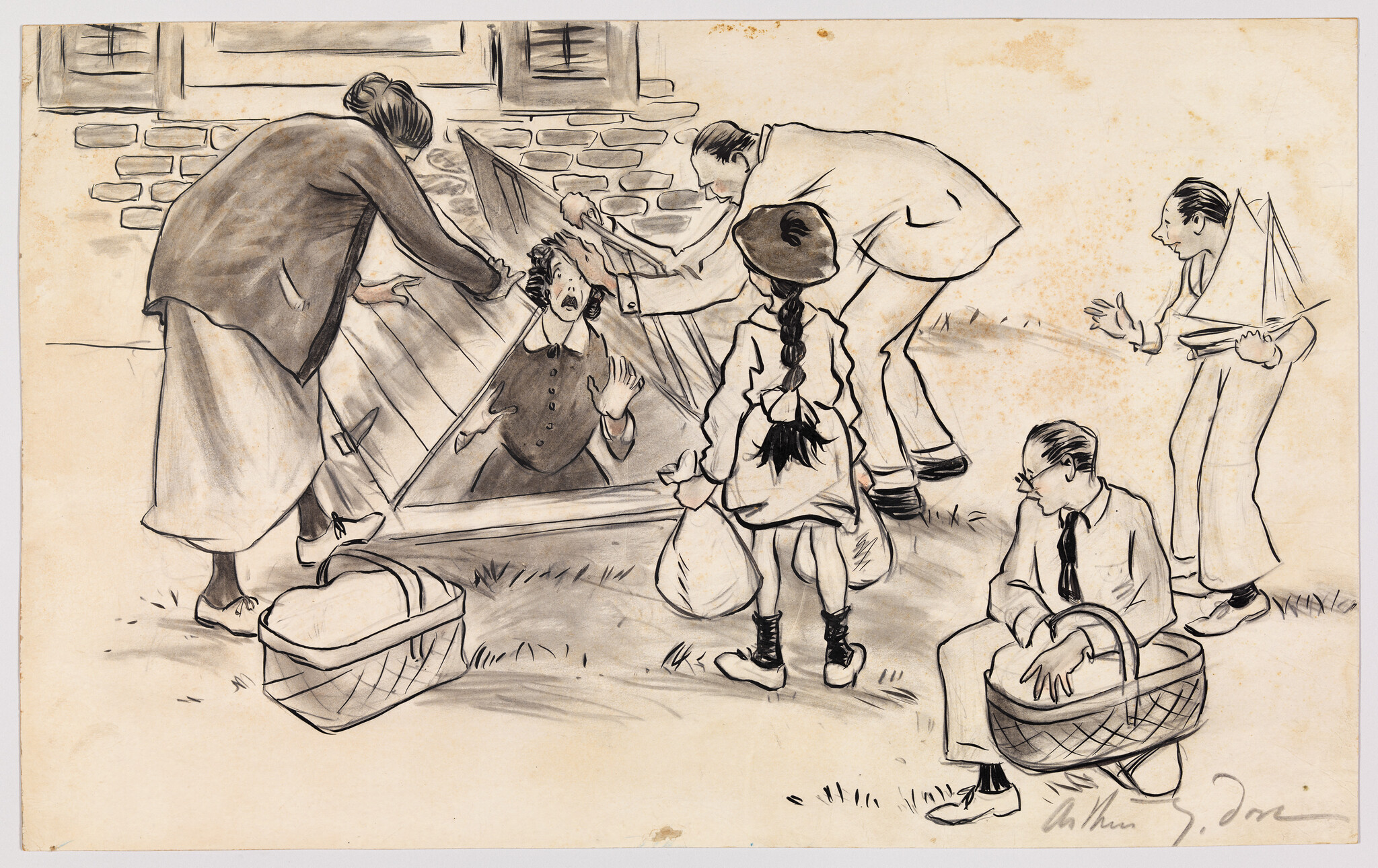 Several people lift a cellar door to rescue a startled woman trapped inside.