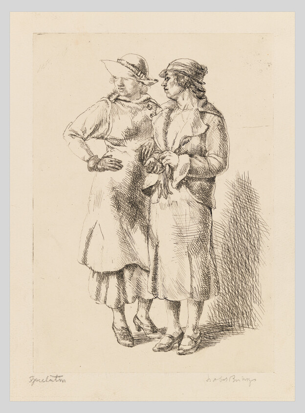 Two women stand close together, talking and holding gloves, dressed in early 20th-century clothing.