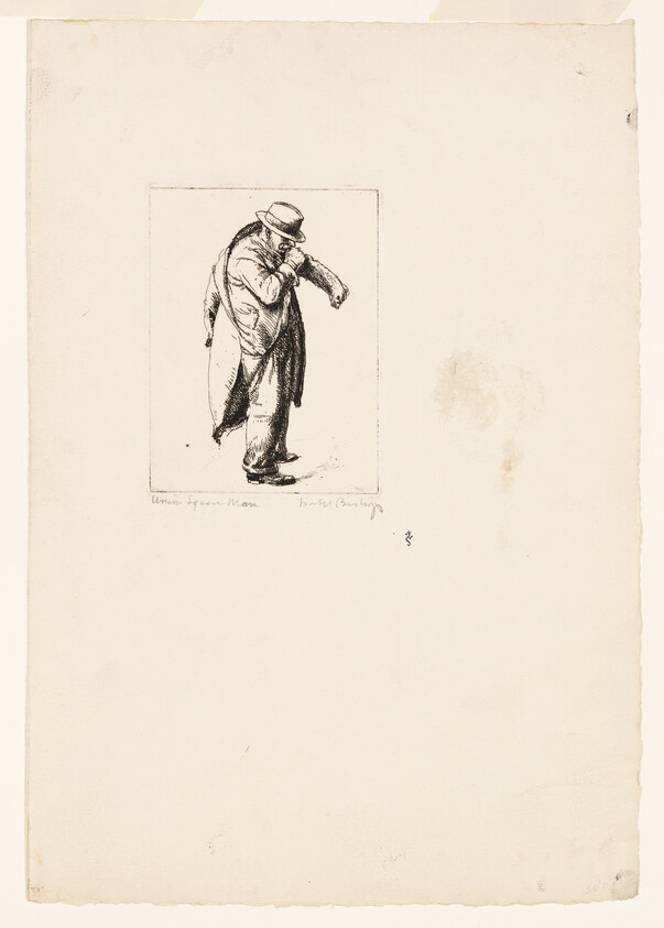 An etching of a stout figure wearing a hat and coat, depicted in profile while playing a wind instrument. The artwork is centered on a piece of paper with aged edges and some text annotations at the bottom.