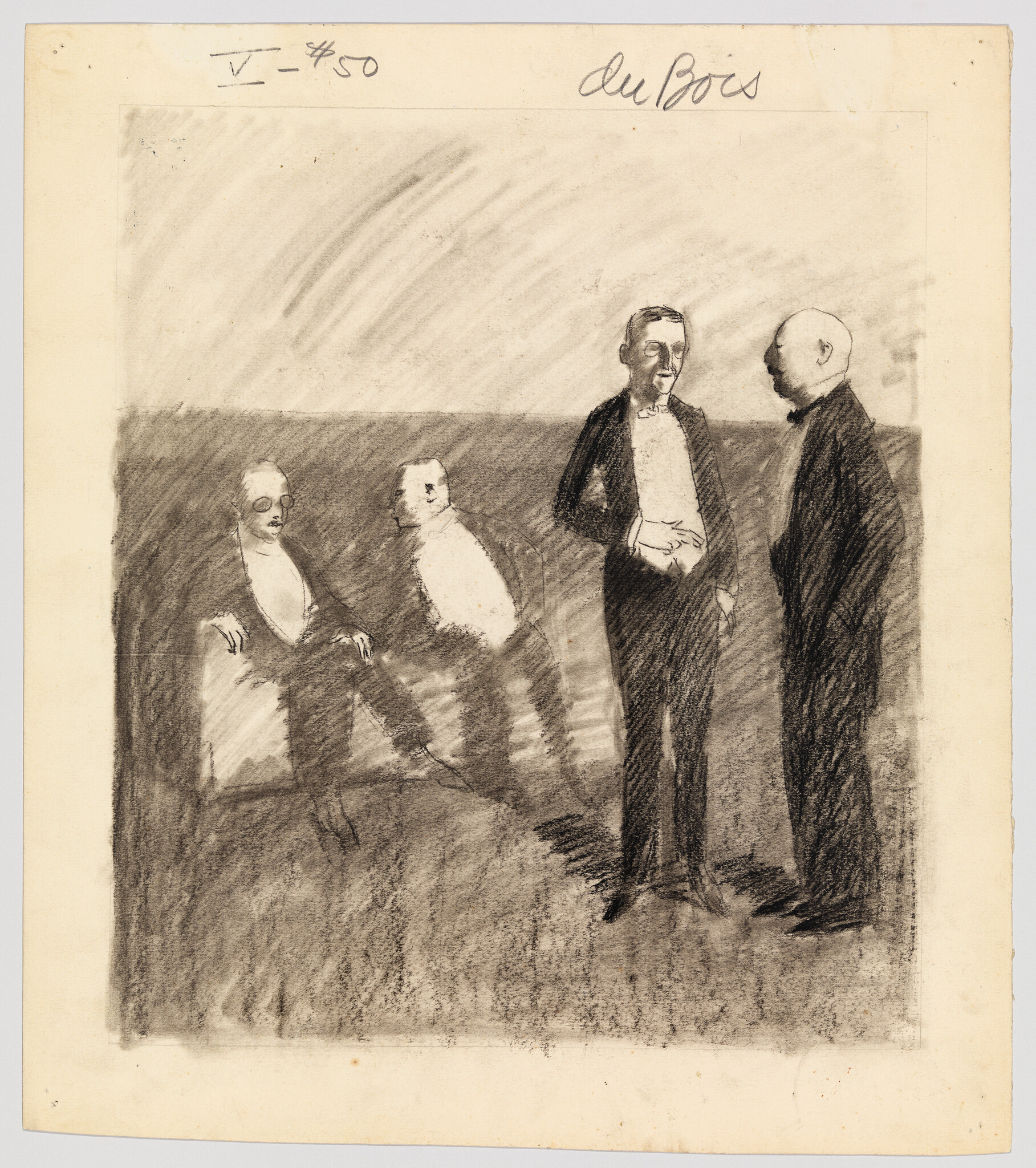 Two men in tuxedos stand talking while two other men sit nearby in a dim room.