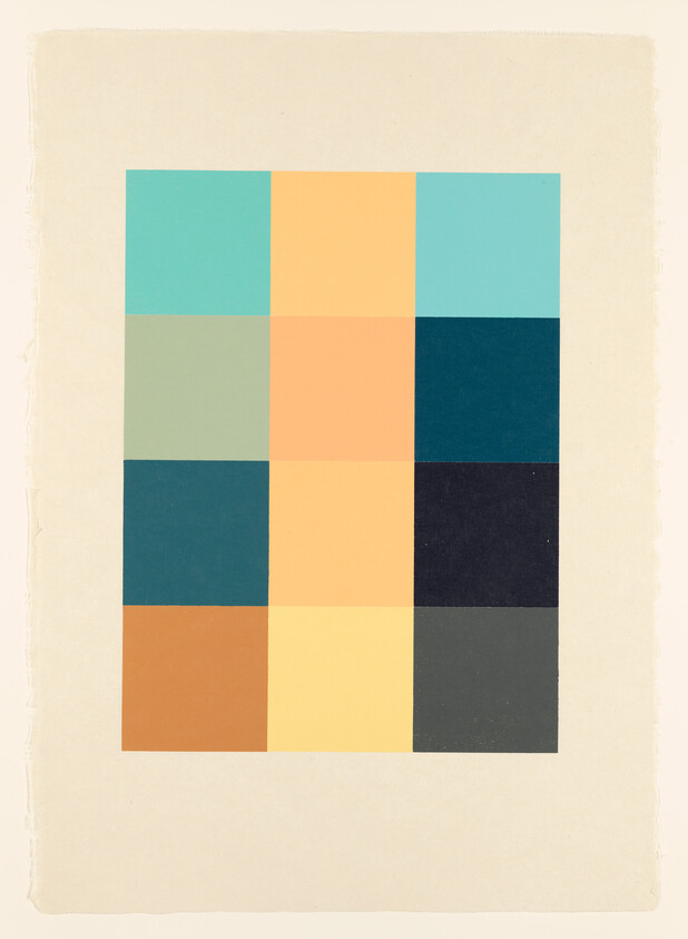 A three-by-four grid of colorful rectangles in teal, orange, navy, and yellow on cream paper.