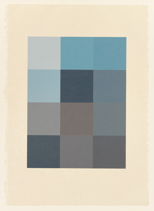 A 3x4 grid of muted blue and gray rectangles centered on a cream-colored sheet.