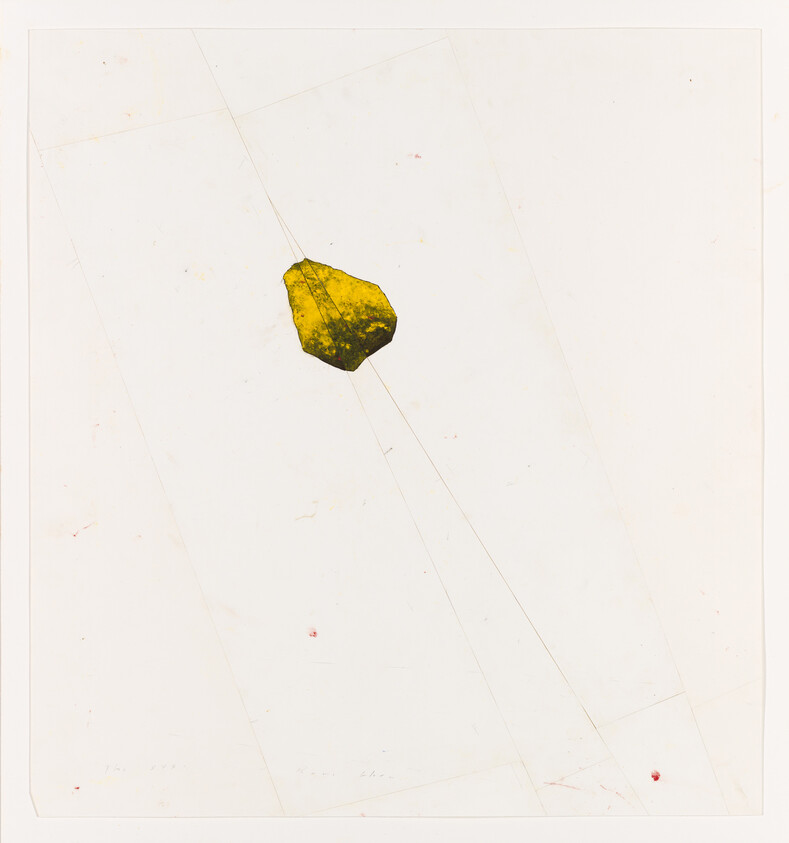 A single yellowed leaf with spots of decay lies on a plain, off-white background with faint lines and small smudges.