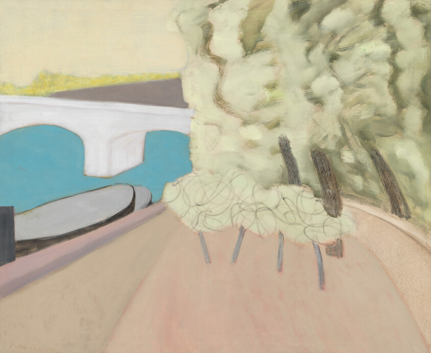 A pale bridge spans blue water beside a curved path lined with light, scribbly trees.