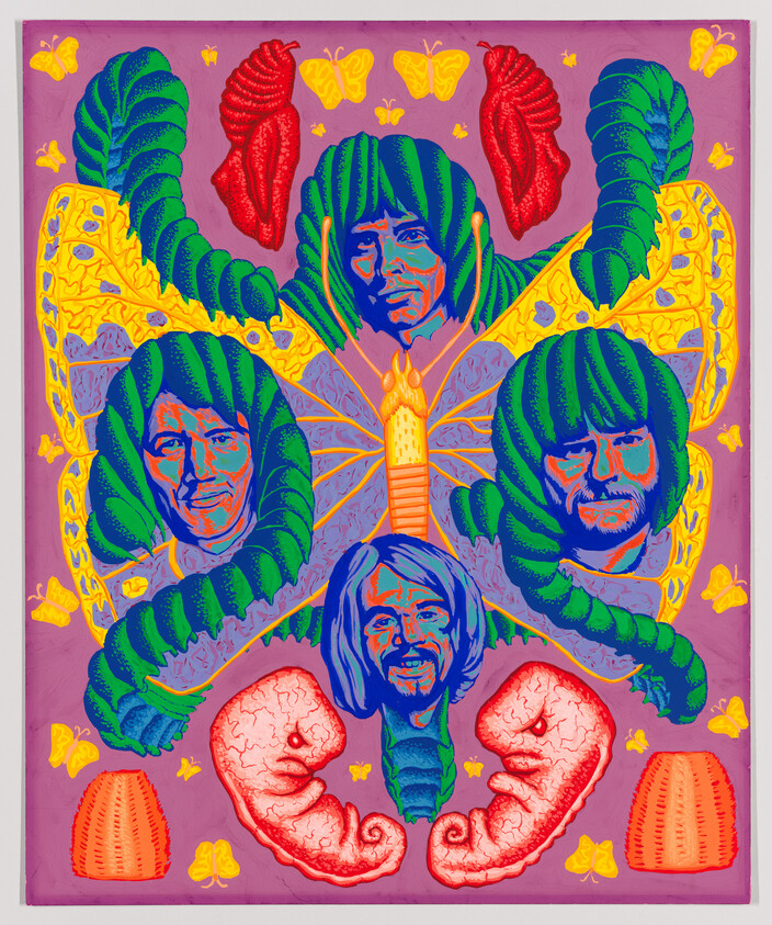 Four stylized male faces and caterpillar bodies form a colorful butterfly with embryos and a central candle.