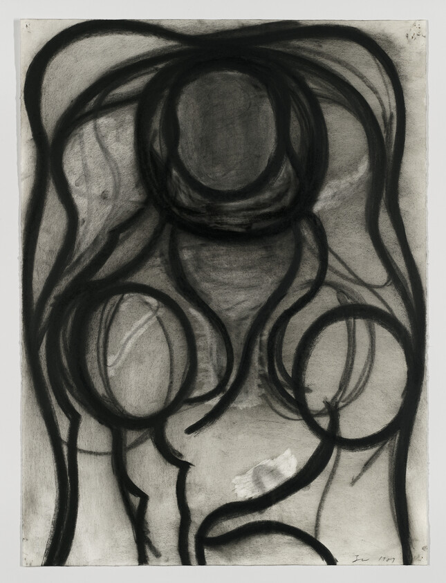 Dark looping charcoal lines form an abstract human torso with circular shapes suggesting shoulders and head.