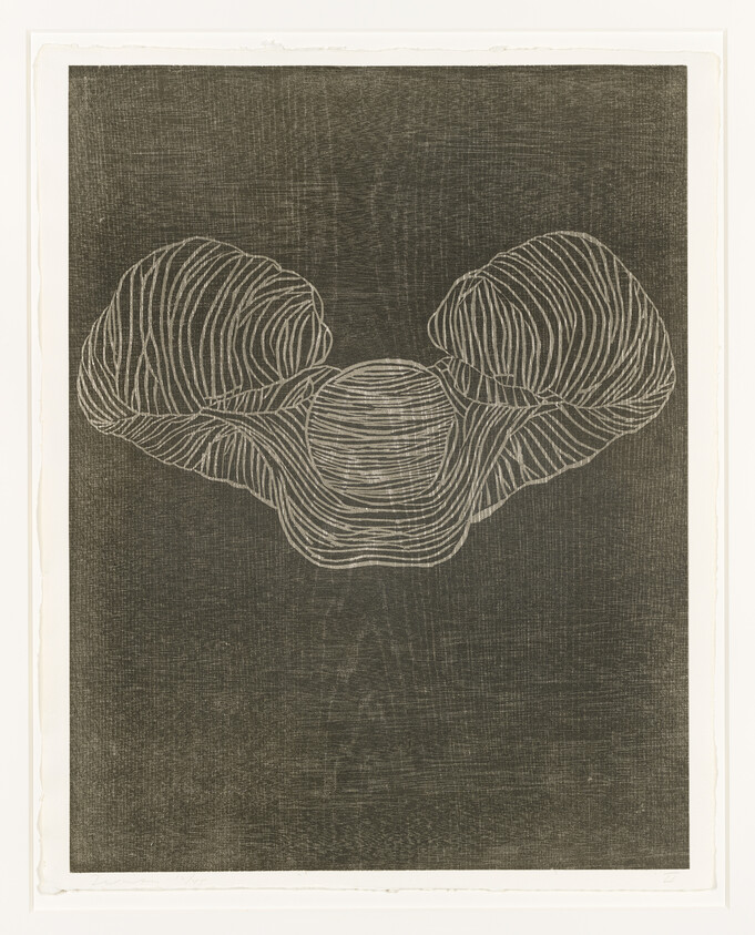 An etching of an abstract design featuring three interconnected, rounded forms with striped patterns on a textured dark background, bordered by a light margin.