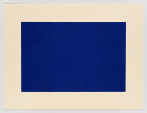 A large solid deep blue rectangle centered on a wide cream-colored paper border.