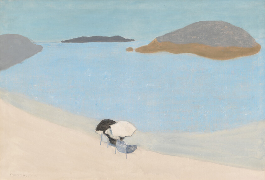 Two chairs under black and white umbrellas on a quiet sandy beach facing calm blue water and distant islands.