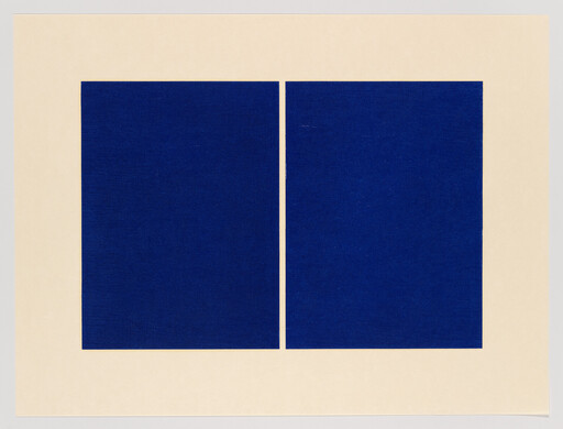 Two large dark blue rectangles sit side by side on a cream paper background.