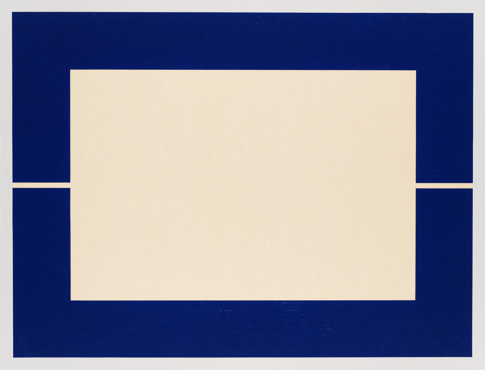 A large cream rectangle centered inside a wide dark blue rectangular border with side gaps.