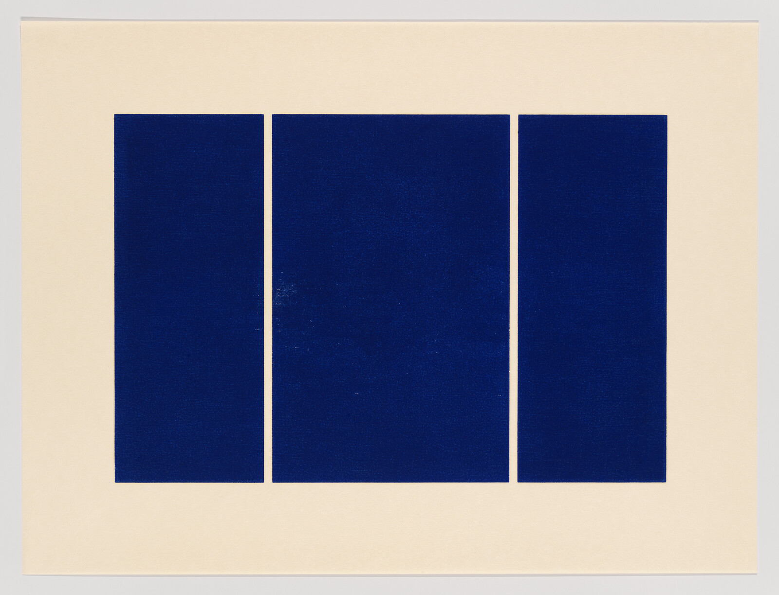 Three tall dark blue rectangles arranged side-by-side on a cream background.