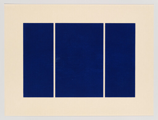 Three tall dark blue rectangles arranged side-by-side on a cream background.
