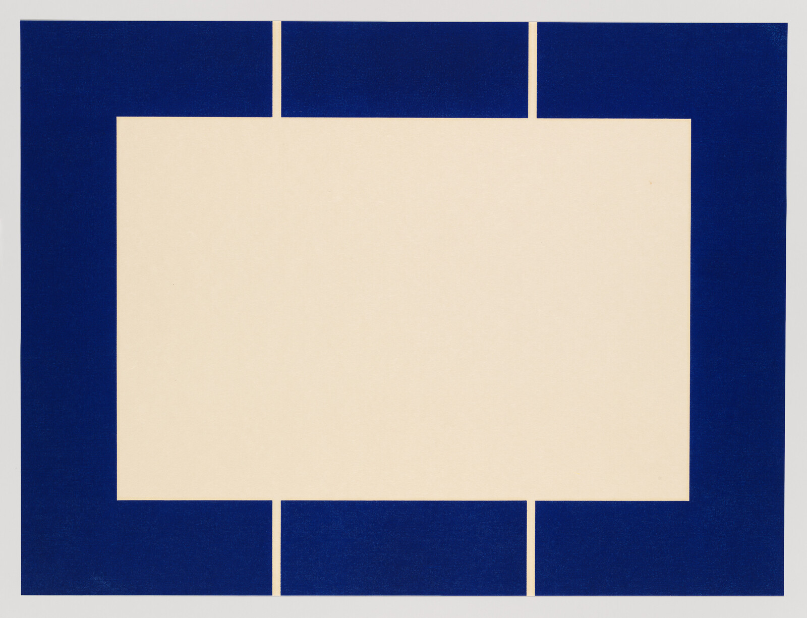 A large cream rectangle centered inside a thick navy border with small vertical gaps at top and bottom.