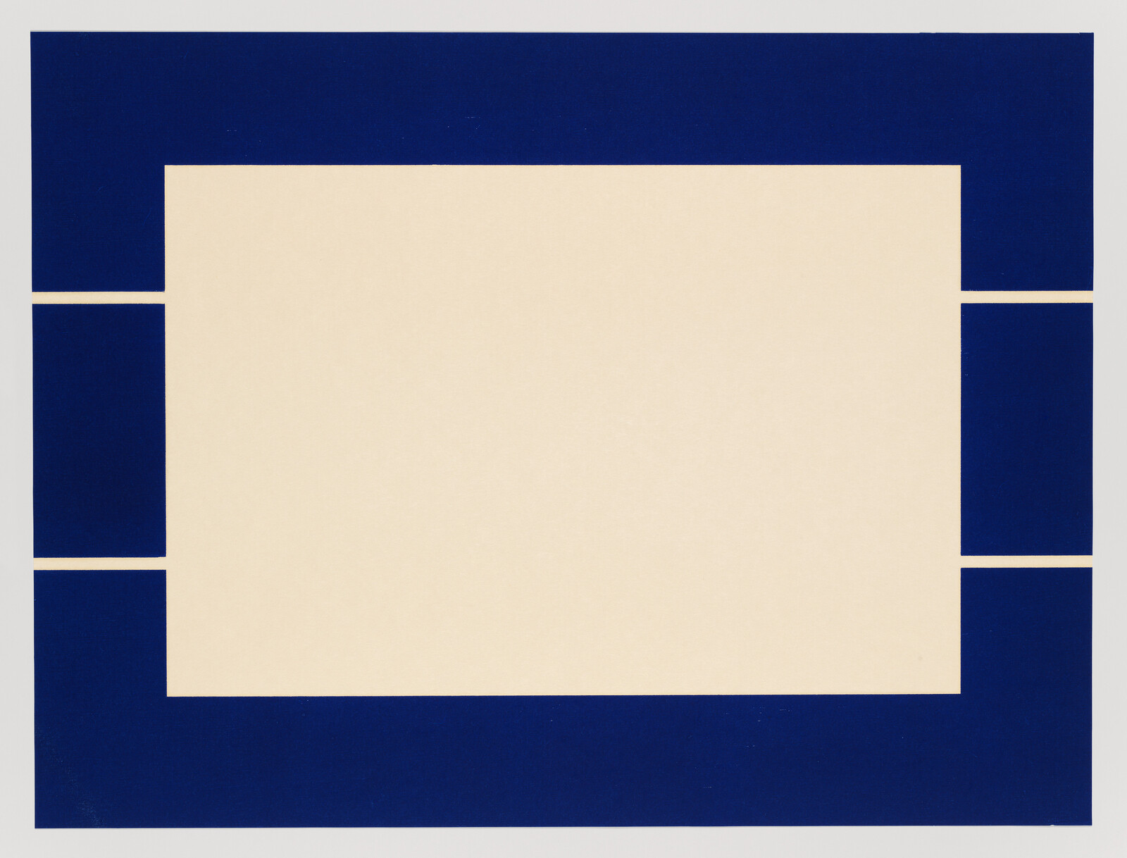 A large cream rectangle sits centered within a wide dark blue border with side gaps.