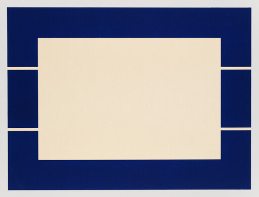 A large cream rectangle sits centered within a wide dark blue border with side gaps.