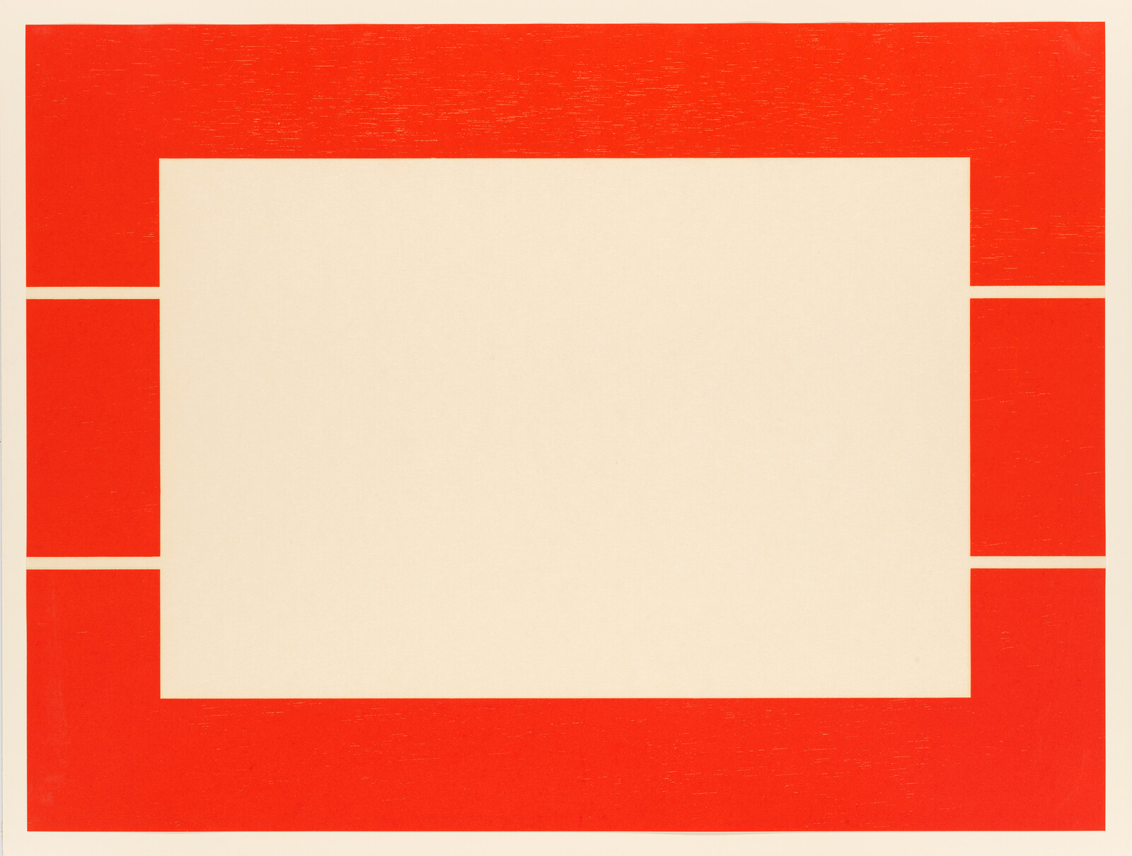 A bold red rectangular frame surrounds a large beige center with small vertical red side blocks.