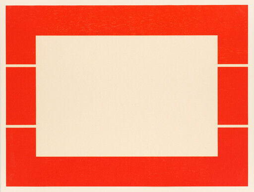 A bold red rectangular frame surrounds a large beige center with small vertical red side blocks.