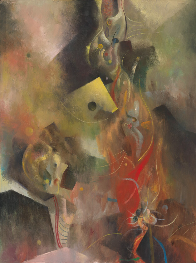 Abstract composition of swirling colors and floating geometric shapes suggesting a vertical red, flame-like form.