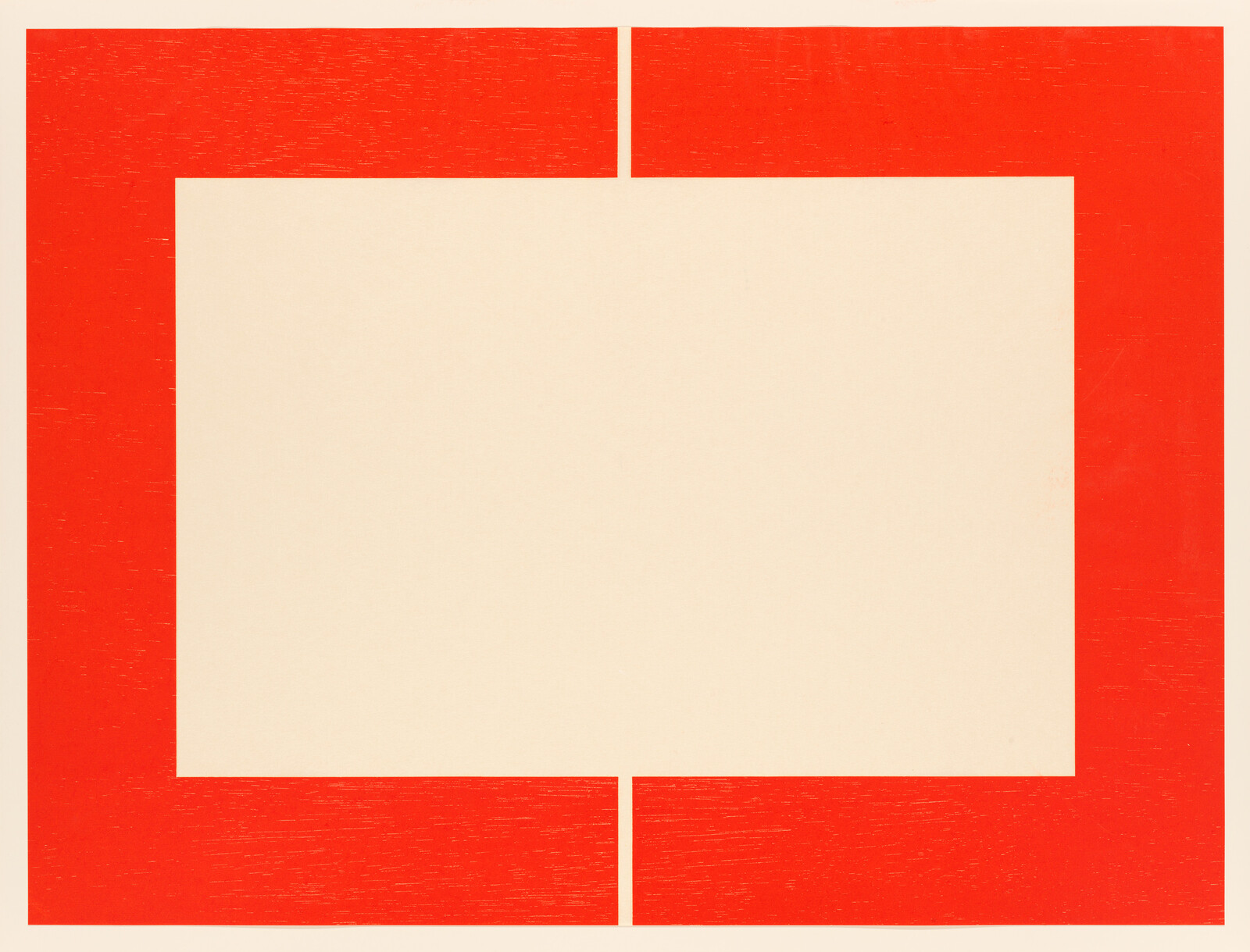 A thick red rectangular frame with centered gaps at the top and bottom surrounding a beige square.