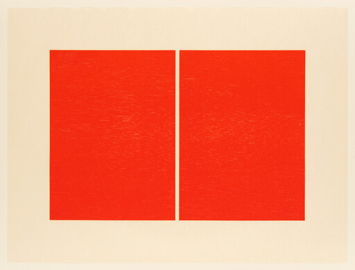 Two large red rectangles sit side by side on a light cream background with subtle texture.