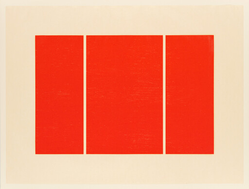 Three tall red rectangles stand side by side with narrow beige gaps on a pale background.
