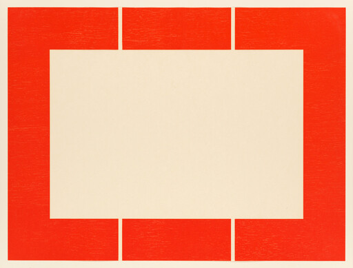 A bold red rectangular frame with a large beige center and three small gaps.