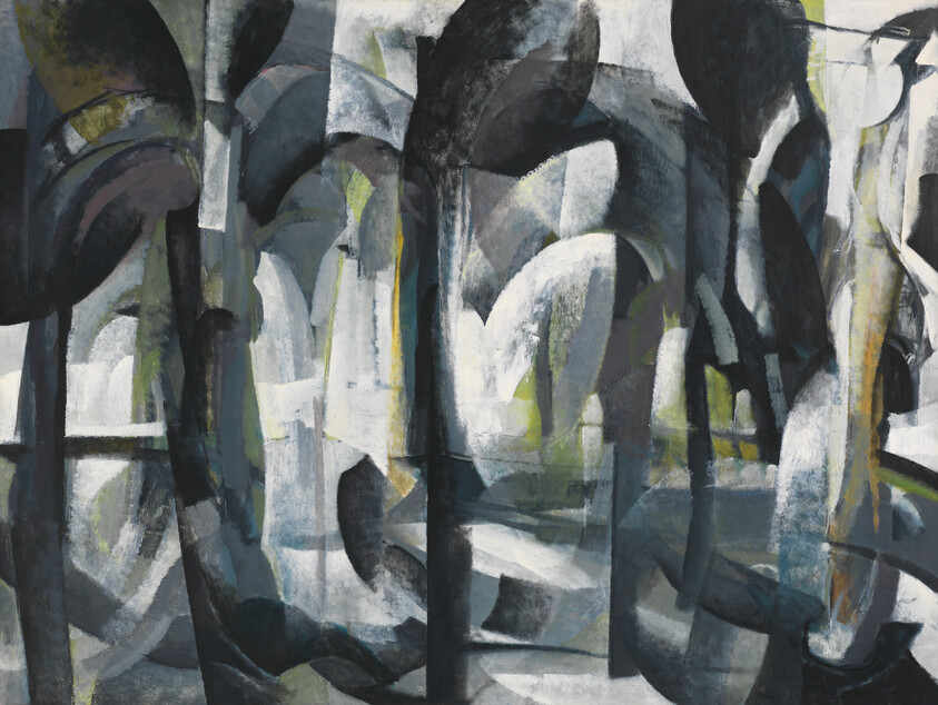 Overlapping dark arches and curved shapes create a moody abstract composition in muted tones.