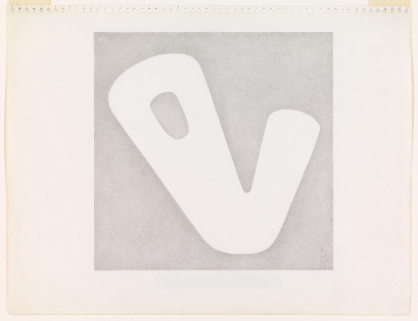 Large rounded white V shape centered on a gray square printed on a sketchbook page.