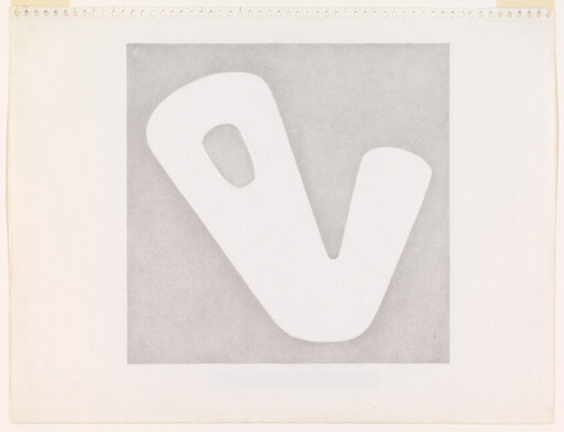 Large rounded white V shape centered on a gray square printed on a sketchbook page.