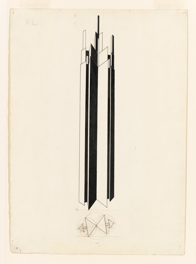 Tall vertical geometric tower with black and white panels and small circular geometric sketch at the base.