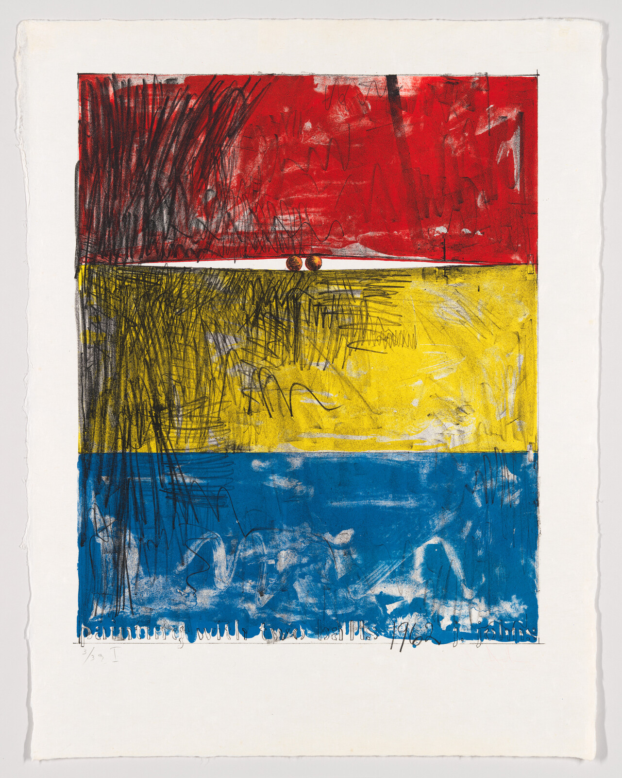 Abstract artwork with red, yellow, and blue sections, featuring scribbles and two small circles in the center.