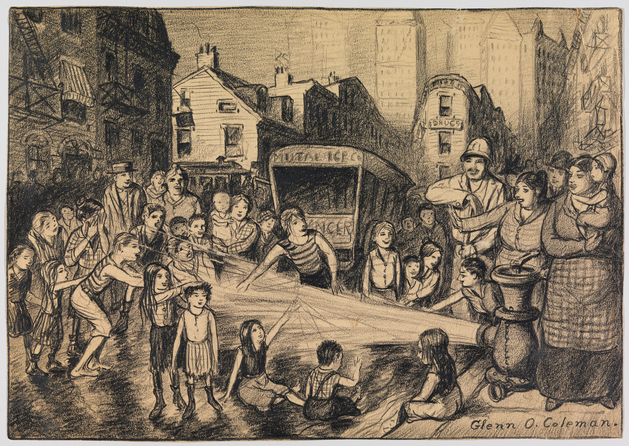 Children play in a wide stream of water from a fire hydrant while adults watch.