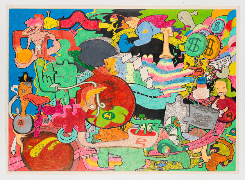 Chaotic colorful cartoon collage with puzzle pieces, dollar symbols, and surreal characters interacting.